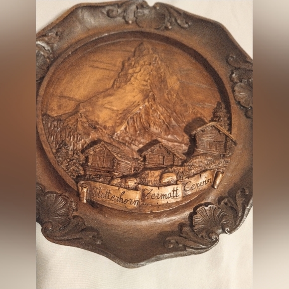 Mid Century "Matterhorn Zermatt Cervin" Carved 3D Resin Faux Wood Wall Art - Picture 6 of 15